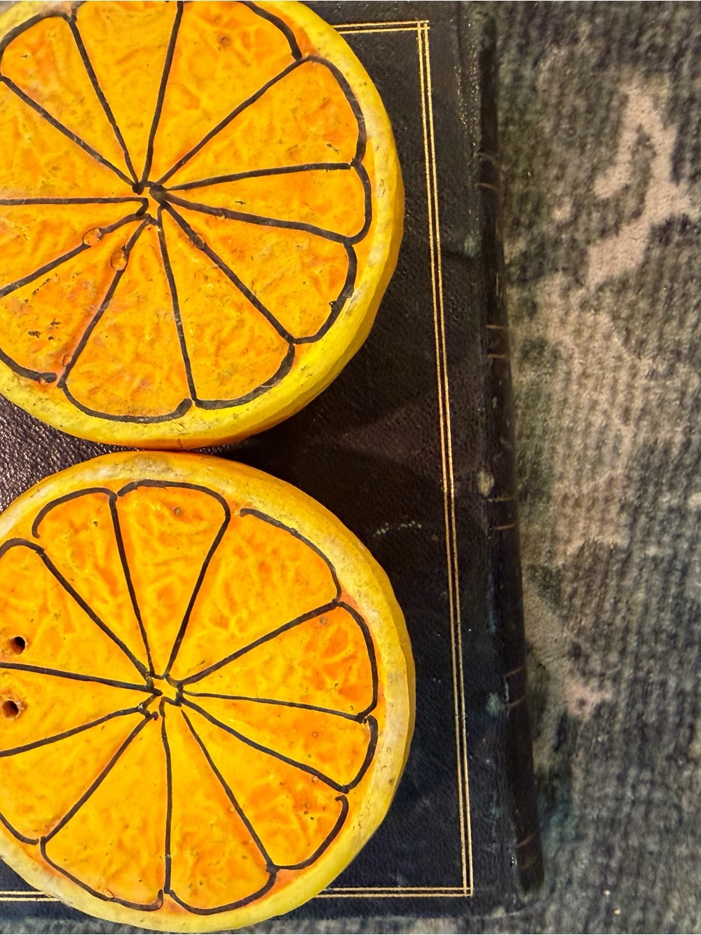 Vintage 1960s mid-century ceramic orange slice salt and pepper shakers
